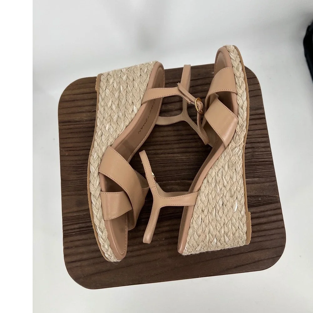 Stuart Weitzman Tan Leather Espadrille Wedge Sandals Size 10.5 Made in Spain NWT